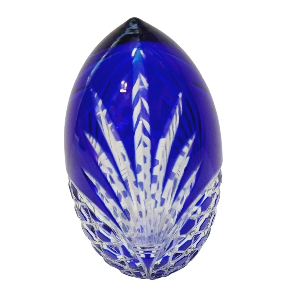 Vtg Bohemian Cobalt Blue Cut to Clear Crystal Egg Paperweight Art Glass 4.25